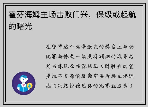 霍芬海姆主场击败门兴，保级或起航的曙光